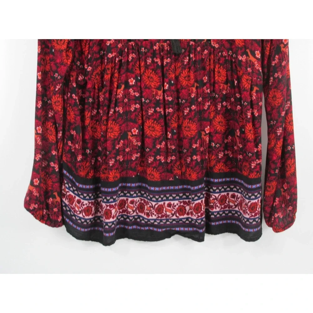 Old Navy Women Red Floral Velvet Trim Peasant Blouse Boho Tassel Top Medium
